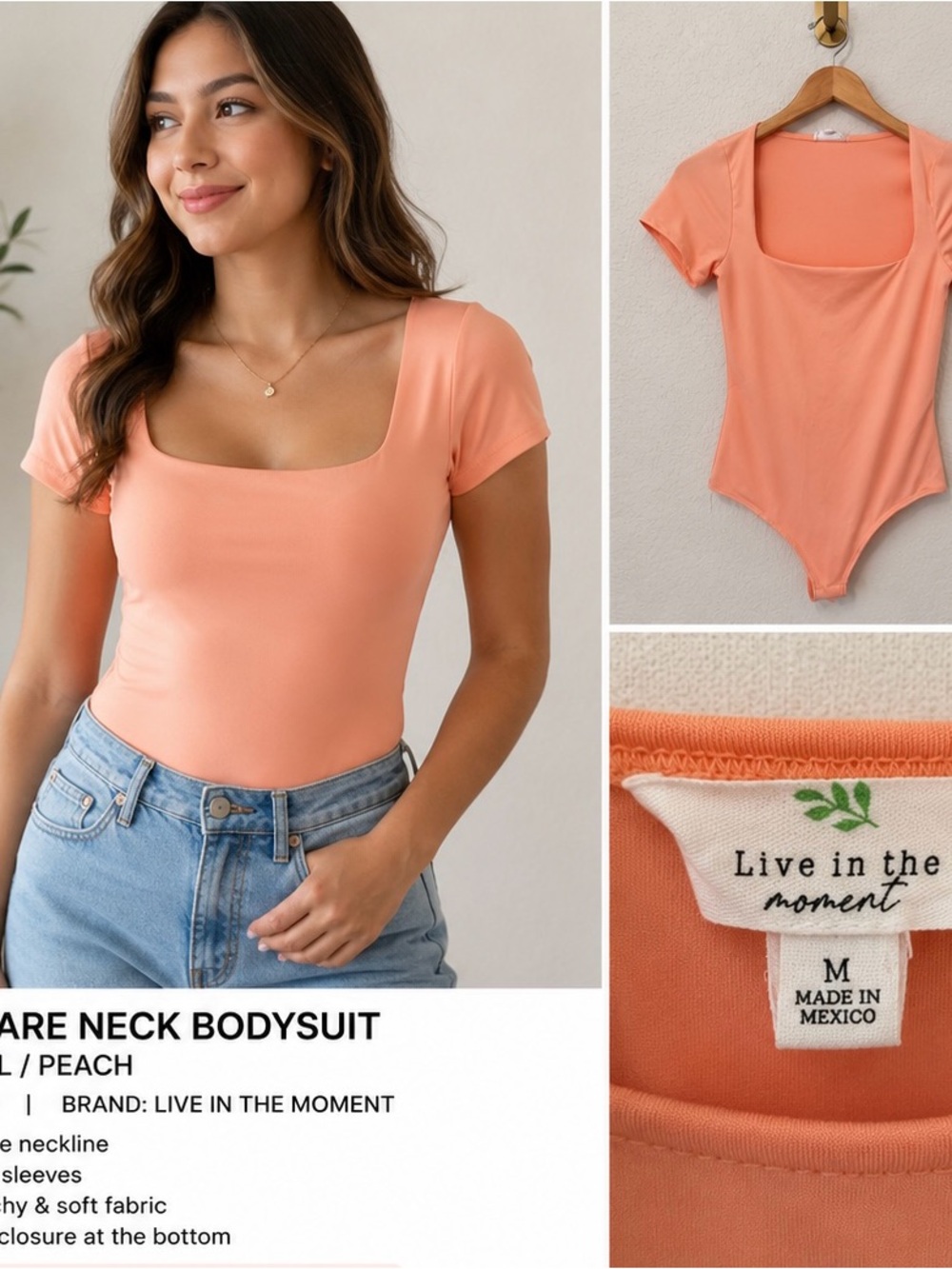 Live in the Moment Peach Square Neck Bodysuit Size Medium Soft Stretch Top